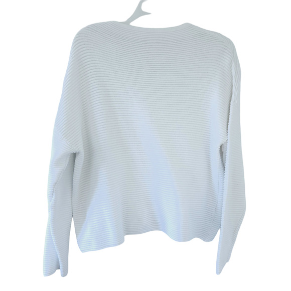 BASIC White Ribbed Long Sleeve Top Medium Women Neutral Casual Knit Shirt - Picture 2 of 5